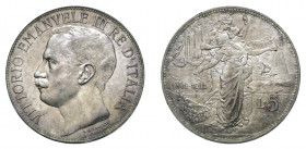 VITTORIO EMANUELE III (1900-1946) 

5 Lire 1911, argento gr. 24,97. D/ VITTORIO EMANVELE III RE D’ ITALIA Testa nuda a sinistra, sotto in due righe ...