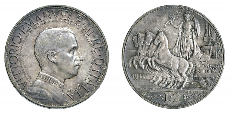 VITTORIO EMANUELE III (1900-1946)

2 Lire 1911, argento gr. 9,96. Pagani 734, ...