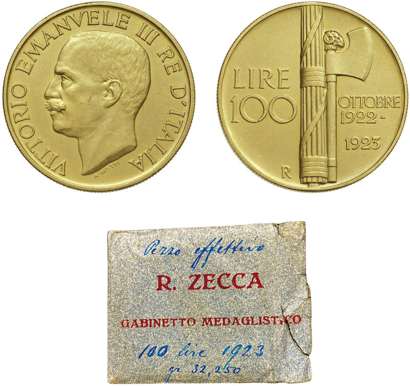 VITTORIO EMANUELE III (1900-1946) 

100 Lire 1923, oro gr. 32,22. D/ VITTORIO ...