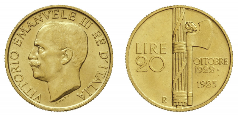 VITTORIO EMANUELE III (1900-1946)

20 Lire 1923, oro gr. 6,46. D/ VITTORIO EMA...