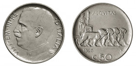VITTORIO EMANUELE III (1900-1946) 

50 Centesimi 1925, nickel gr. 5,86. Contorno rigato. Pagani 807, MIR 1150j.
NGC5782324-010 MS64+. Fdc