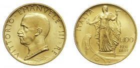 VITTORIO EMANUELE III (1900-1946) 

100 Lire 1931 A. IX, oro gr. 8,81. D/ VITTORIO•EMANVELE•III•RE Testa nuda a sinistra, sotto nodo Savoia lungo G•...