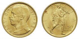 VITTORIO EMANUELE III (1900-1946) 

50 Lire 1931 A. IX, oro gr. 4,40. D/ VITTORIO•EMANVELE•III•RE Busto in uniforme con Collare a sinistra, sotto G•...