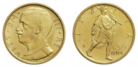 VITTORIO EMANUELE III (1900-1946) 

50 Lire 1931 A. X, oro gr. 4,43. Pagani 658, MIR 1123b.
NGC5782297-012 MS64. Rara. Fdc