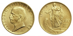 VITTORIO EMANUELE III (1900-1946) 

100 Lire 1933 A. XI, oro gr. 8,81. Pagani 649, MIR 1118d.
Fdc

Ex asta Varesi 2, Pavia 1984, n. 285.