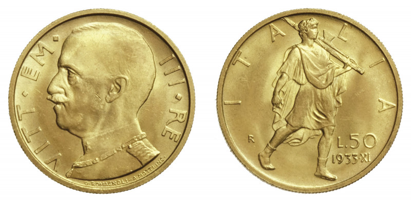 VITTORIO EMANUELE III (1900-1946) 

50 Lire 1933 A. XI, oro gr. 4,41. Pagani 6...