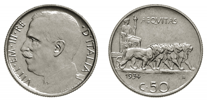 VITTORIO EMANUELE III (1900-1946) 

50 Centesimi 1934, nickel gr. 6,07. Pagani...