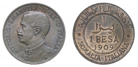 Vittorio Emanuele III - Somalia Italiana 

1 Besa 1909, rame gr. 2,48. D/ VITTORIO•EMANVELE•III•RE•D’ITALIA Busto in uniforme a sinistra, sotto, L•G...
