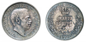 Vittorio Emanuele III - Somalia Italiana 

Quarto di Rupia 1910, argento gr. 2,92. D/ VITTORIO EMANVELE III RE D’ITALIA Testa a destra, sotto il col...