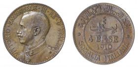 Vittorio Emanuele III - Somalia Italiana 

4 Bese 1910, rame gr. 9,93. Pagani 974, MIR 1178b.
Rara. Spl/Fdc