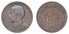 Vittorio Emanuele III - Somalia Italiana 

2 Bese 1910, rame gr. 4,92. Pagani 980, MIR 1179b.
Rara. Spl