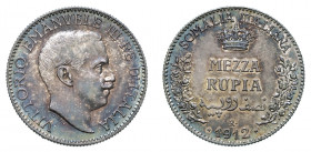 Vittorio Emanuele III - Somalia Italiana 

Mezza Rupia 1912, argento gr. 5,85. Pagani 967, MIR 1176b.
Rara. q.Fdc