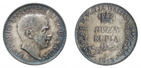 Vittorio Emanuele III - Somalia Italiana 

Mezza Rupia 1913, argento gr. 5,831. Pagani 968, MIR 1176c.
Rara. Fdc

Periziata Alberto Varesi (Fdc).