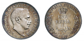 Vittorio Emanuele III - Somalia Italiana 

Rupia 1919, argento gr. 11,68. Pagani 963, MIR 1175f.
Rara. Fdc

Periziata Alberto Varesi (Fdc).