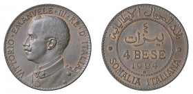 Vittorio Emanuele III - Somalia Italiana 

4 Bese 1924, rame gr. 10,02. Pagani 978, MIR 1178f.
Rara. q.Fdc