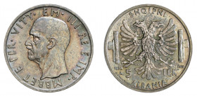 REGNO DI ALBANIA 

5 Lek 1939, argento gr. 5,00. Pagani 992.
NGC5782353-003 MS64. Fdc