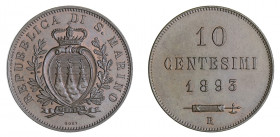 REPUBBLICA DI SAN MARINO (1875-1938)

10 Centesimi 1893, rame gr. 9,98. Pagani 371.
NGC5782354-014 MS66BN, Fdc