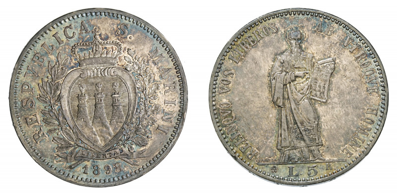 REPUBBLICA DI SAN MARINO (1875-1938) 

5 Lire 1898, argento gr. 24,98. D/ RESP...