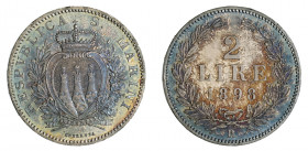 REPUBBLICA DI SAN MARINO (1875-1938) 

2 Lire 1898, argento gr. 9,99. Pagani 365.
NGC5782354-020 MS66. Fdc