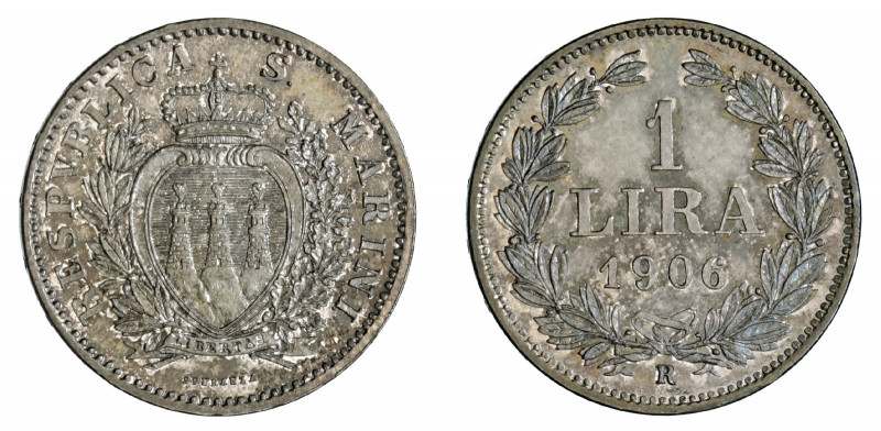 REPUBBLICA DI SAN MARINO (1875-1938) 

1 Lira 1906, argento gr. 4,99. Pagani 3...