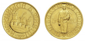 REPUBBLICA DI SAN MARINO (1875-1938) 

20 Lire 1925, oro gr. 6,45. D/ Tre torri piumate e cinta merlata; sotto, data. Rv. San Marino in piedi fron-t...