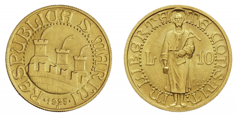 REPUBBLICA DI SAN MARINO (1875-1938) 

10 Lire 1925, oro gr. 3,22. D/ Tre torr...