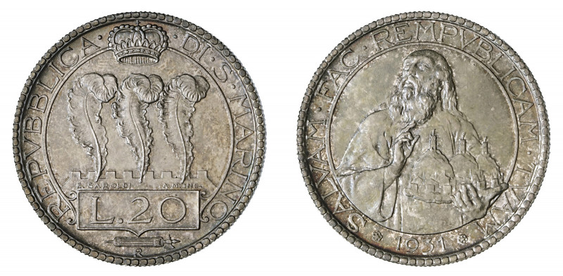 REPUBBLICA DI SAN MARINO (1875-1938) 

20 Lire 1931, argento gr. 14,90. D/ *SA...