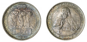 REPUBBLICA DI SAN MARINO (1875-1938) 

20 Lire 1932, argento gr. 14,99. Pagani 343, Davenport 303.
NGC5782354-007 MS66. Fdc