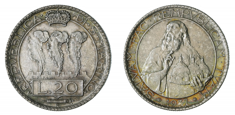 REPUBBLICA DI SAN MARINO (1875-1938) 

20 Lire 1937, argento gr. 19,95. Pagani...