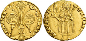 Avignone. Monetazione anonima pontificia del sec. XIV 

Fiorino, AV 3,54 g. Piccole chiavi decussate SANT – PETRH Giglio. Rv. S IOHA – NNES B mitria...