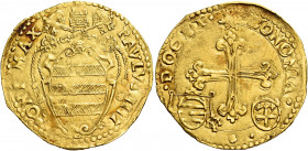 Bologna. Paolo IV (Giampietro Carafa), 1555-1559 

Scudo del sole (1555-1558), AV 3,26 g. PAVLVS IIII – PONT MAX Stemma sormontato da triregno e chi...