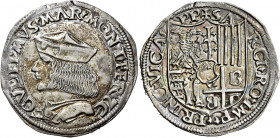 Casale. Guglielmo II Paleologo, 1494-1518 

Testone, AR 9,51 g. GVLIELMVS MAR MONT FER 7 C’ Busto a s., con berretto. Rv. + SAC – RI RO IMP PRINC VI...