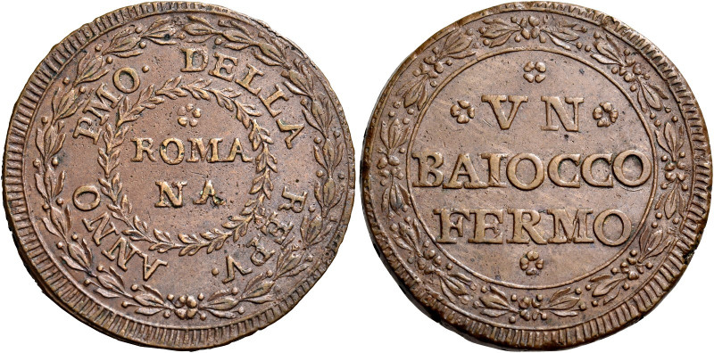 Fermo. Repubblica Romana, 1798-1799 

Baiocco anno I, CU 11,30 g. ANNO PMO DEL...