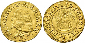 Mantova. Francesco II Gonzaga, 1484-1519 

Ducato, AV 3,47 g. FRANCISCVS MAR MAN – IIII Busto corazzato a s. Rv. Pisside D PROBASTI ME ET COGNO M Cr...