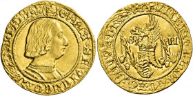 Milano. Galeazzo Maria Sforza, 1466-1476 

Ducato, AV 3,50 g. Testina di Sant’Ambrogio G3 MA SF VICECOMES DVX MLI V Busto corazzato a d. Rv. PP ANGL...