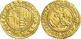Napoli. Alfonso I d’Aragona, 1442-1458 

Sesquiducato o da un ducato e mezzo, AV 5,20 g. ALFONSVS D G R ARAGO SICILI CITR VLTR Stemma quadripartito ...