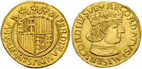 Napoli. Ferdinando I d’Aragona, 1458-1494 

Ducato 1458-1462, AV 3,53 g. FERDINANDVS D G R S V Stemma coronato, inquartato di Napoli (Ungheria-Angiò...
