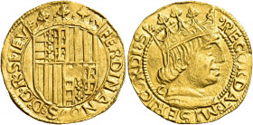 Napoli. Ferdinando I d’Aragona, 1458-1494 

Ducato, AV 3,49 g. FERDINANDVS D G R SI IE V Stemma coronato. Rv. RECORDAT MISERICORDI S Busto coronato ...