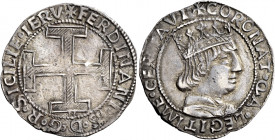Napoli. Ferdinando I d’Aragona, 1458-1494 

Coronato, AR 3,95 g. FERDINANDVS D G R SICILIE IERV Croce potenziata e striata; sotto, V (Paolo de Venis...
