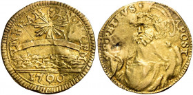 Roma. Clemente XI (Gianfrancesco Albani), 1700-1721 

Mezzo scudo 1706 o anno XVII (?), AV 1,65 g. VMBRAM IN LVCE Astro su fascia; sotto, il mare e,...