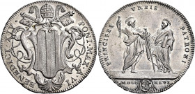 Roma. Benedetto XIV (Prospero Lambertini), 1740-1758 

Testone anno VI/1746, AR 8,39 g. BENEDICT XIV – PONT MAX A VI Stemma sormontato da triregno e...