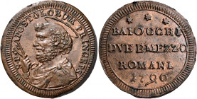 Roma. Pio VI (Giovanni Angelo Braschi), 1775-1799 

Sampietrino da 2 baiocchi e mezzo 1796, Cu 17,59 g. S P – APOSTOLORUM PRINCEPS Busto nimbato di ...
