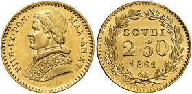 Roma. Pio IX (Giovanni Maria Mastai-Ferretti), 1846-1878 

Da 2,50 scudi anno XV/1861. Pagani 371. Berman 3306.
Fondi lucenti, Fdc