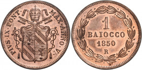 Roma. Pio IX (Giovanni Maria Mastai-Ferretti), 1846-1878 

Baiocco anno V/1850. Pagani 503a. Berman 3326.
Rame rosso, Fdc