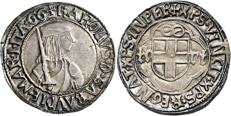 Savoia. Carlo I, 1482-1490 

Testone, Cornavin, AR 9,59 g. KAROLVS D SABAVDIE ...