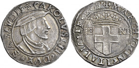 Savoia. Carlo II, 1504-1553 

Testone, Bourg, AR 9,22 g. CAROLVS II DVX SABAVDIE Busto corazzato a d., con berretto. Rv. MARCHIO IN ITALIA PR B HP S...