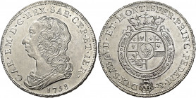 Savoia. Carlo Emanuele III, 1730-1773. II periodo: nuova monetazione, 1755-1773 

Scudo nuovo 1758 Torino, AR 35,07 g. CAR EM D G REX SAR CYP ET IER...