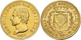 Savoia. Carlo Felice, 1821-1831 

Da 40 lire 1825 Genova. Pagani 41. MIR 1033b.
Molto rara. Migliore di BB