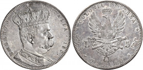 Savoia. Umberto I, 1878-1900. Monetazione per la Colonia Eritrea 

Da 5 lire o tallero 1891. Pagani 630. MIR 1110a.
Rara. Delicata patina di medagl...