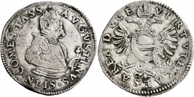 Tassarolo. Agostino Spinola, 1604-1616 

Quarto di scudo, AR 6,24 g. AVGVSTINVS SPIN COMES TASS Busto in armatura a d. Rv. VIRTVTI CAESAREA DVCE Aqu...